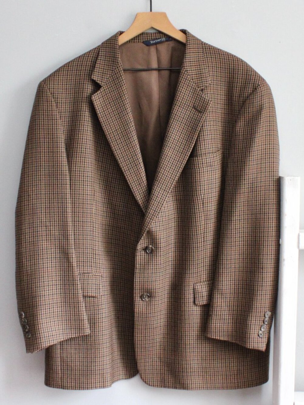 Burberry Vintage Brown Houndstooth Pure Wool Single Breasted Blazer Size 46R